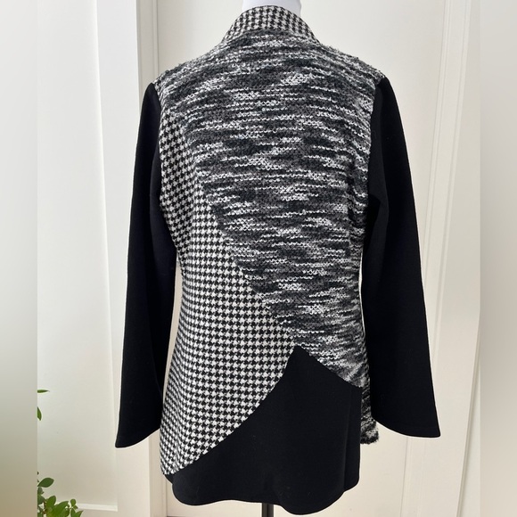 MINKAS Blazer Jacket Houndstooth Knit Faux Leather Lapel Patchwork Trapeze Cut - Picture 5 of 15